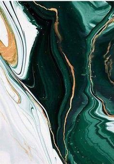 an abstract painting with green, gold and white colors