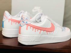 Air Force 1 blue/pink drip and splatter perfect for a gender reveal party OR Easter! Made to order and hand painted ❤️🔥 Pink Custom Air Force, Paint For Shoes, Sequin Sneakers, Air Force 1 Sneakers, Nike Shoes Air Force, Colorful Sneakers, Preppy Shoes, Air Force 1 Custom, Custom Air Force 1