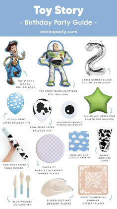 the toy story birthday party guide is shown in blue and white, with toys on it