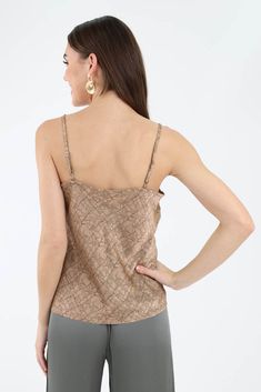 Elevate your wardrobe with our Jacquard Satin Camisole. Luxurious and versatile, this chic piece adds sophistication to any ensemble. Shop now for timeless elegance and standout style! Additional Information Style: Casual, Summer, Urban Country Features: Open Back Occasion: Casual, Night Out Length: Regular Neck Line: V Neck Sleeve Type: Spaghetti Strap Pattern: Geometric, Jacquard Material & Care Sheer: Semi-sheer Stretch: Non-stretch Composition: 97% Polyester, 3% Spandex Care: Gentle wash col Satin Camisole, Heeled Mules Sandals, Casual Night Out, Flannel Jacket, Curvy Dress, Green Dark, Mini Dress Party, Pattern Geometric, Sleeve Type