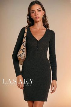 Lasaky - Vintage V-Neck Halter Button Long-Sleeve Fitted Sweater Mini Dress Movie Core, Effortless Chic Outfits, Knit Dress Pattern, Sweater Mini Dress, Style Lookbook, Bodycon Dresses Casual, Zebra Dress, Fitted Sleeves, Button Long Sleeve