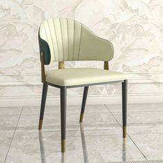 a white chair sitting on top of a tiled floor next to a wallpapered wall