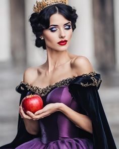 a woman wearing a tiara and holding an apple in her hands, with one hand on her chest