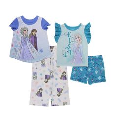 Brand New In Original Packaging Disney Frozen Kids Girls 4-Piece Pajama Set Includes: 2 Tops 1 Shorts 1 Pants Items As Pictured Fuzzy Shorts, Frozen Love, Frozen Kids, Childrens Pyjamas, New Disney Princesses, Disney Pajamas, Frozen Anna, Disney Princess Frozen, Princess Kids