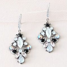 Black Crystal Earrings Silver Drop Cluster Earrings For Wedding, Silver Cluster Earrings With Diamond Accents For Party, Silver Cluster Earrings With Diamond Accents For Wedding, Silver Dangle Cluster Earrings For Wedding, Silver Sterling Cluster Earrings For Weddings, Silver Sterling Silver Cluster Earrings For Wedding, Glamorous Silver Crystal Earrings For Wedding, Silver Jeweled Drop Crystal Earrings, Silver Jeweled Drop Earrings