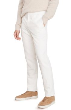 Easy to wear with casual or elevated looks, these nicely draped pants have a clean, versatile hue and a slim fit that still offers room to move. 62% Tencel® lyocell, 36% cotton, 2% spandex   Tencel lyocell is a sustainably produced fiber made with closed-loop processing   Hand wash, dry flat   Imported White Slim Fit Bottoms For Business Casual, White Slim Fit Dress Pants For Business Casual, Casual Tailored White Dress Pants, White Tapered Leg Dress Pants For Business Casual, White Classic Dress Pants With Straight Hem, Classic White Tapered Leg Dress Pants, Classic White Dress Pants With Straight Hem, Classic White Straight Hem Dress Pants, White Tapered Leg Chinos For Business Casual