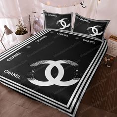 chanel bedding set in black and white with matching pillow cases on the bottom