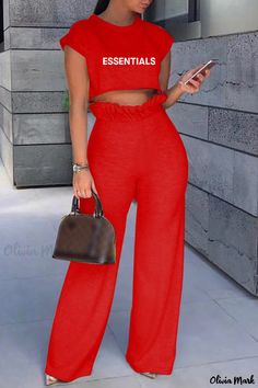 Olivia Mark - Chic Pink O-Neck Two-Piece Set with Casual Letter Print for Women Two Piece Outfits Pants, Grey Two Piece, Pink Two Piece, Black Two Piece, Two Piece Pants Set, Pink Letter, Black Streetwear, Elastic Waist Shorts, Orange Fashion