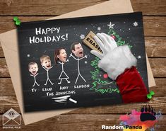 a christmas card with santa's hand holding a cork and the words happy holidays on it