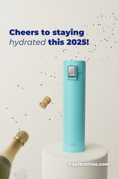 a bottle of champagne is being thrown into the air by a corkscrewr that says cheers to staying hydrated this 2020