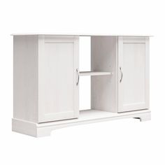 a white cabinet with two doors and shelves