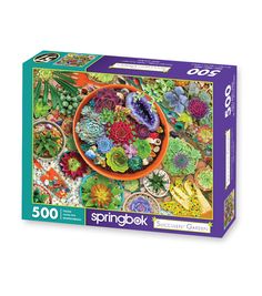 the puzzle box is filled with colorful flowers and succulents, including an orange bowl