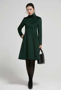 Emerald Green Coat, A Line Coat, Women Wool Coat, Long Linen Pants, Fit And Flare Coat, Long Linen Skirt, Green Wool Coat, Winter Coat Women, Burgundy Skirt