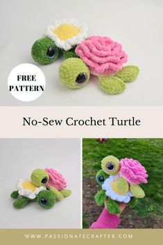 the crochet turtle is made from yarn and has flowers on its head, with text overlay that says free pattern no - sew crochet turtle