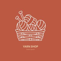 yarn in a basket with knitting needles on the red background, hand drawn doodle style