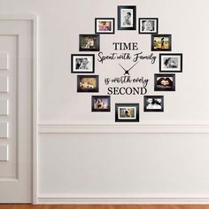 a wall clock with many pictures on it and the words time spent with family is worth every second