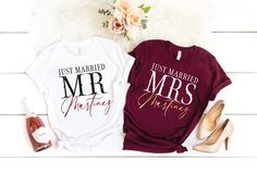 Mr and Mrs Just Married Shirts, Flowy Tank Top, Groom and Bride Shirts, Honeymoon Shirts  FOR BELLA+CANVAS WE OFFER WOMEN'S FLOWY RACERBACK TANK TOP WOME'S FLOWY MUSCLE TANK TOP UNISEX CREW NECK SHIRT  Please make sure to CHECK YOUR Email Or your Etsy Conversations after you placed an order until you receive your package in case we have a question regarding your order! The use of the messaging system is very easy and convenient and you can always expect a timely reply during business days/hours. Bride And Groom Shirts, Couples Matching Shirts, Just Married Shirts, Groom And Bride, Married Shirt, Groom Shirts, Mr Und Mrs, Honeymoon Shirts, Matching Couple Shirts