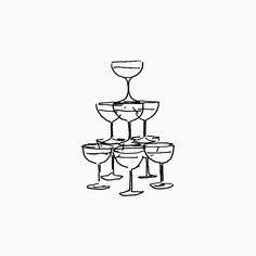 a black and white drawing of wine glasses stacked on top of each other in a pyramid