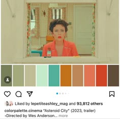 an image of a woman looking at herself in the mirror with color swatches on her face