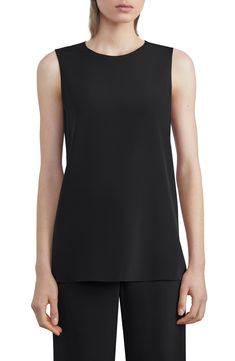 Whether worn as an underpinning or as a feature piece, this sleeveless blouse is all simple elegance in a straight cut from shape-retaining stretch silk. 28" length (size Medium) Back keyhole with button-and-loop closure Jewel neck Sleeveless Side slits 94% silk, 6% elastane Dry clean Imported Women's Designer Clothing Elegant Black Fitted Tank Top, Formal Black Sleeveless Tank Top, Black Silk Sleeveless Tank Top, Fitted Sleeveless Black Blouse, Black Fitted Sleeveless Blouse, Elegant Black Tank Blouse, Elegant Silk Sleeveless Vest, Elegant Black Tank Top For Formal Occasions, Sleek Formal Tank Top