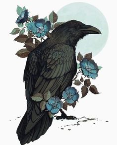 a black bird sitting on top of a branch with blue flowers in front of a full moon