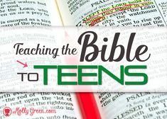 an open book with the words teaching the bible to teens on it and a red pencil