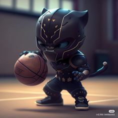 a cartoon character holding a basketball in his hand and wearing a black panther suit with gold accents