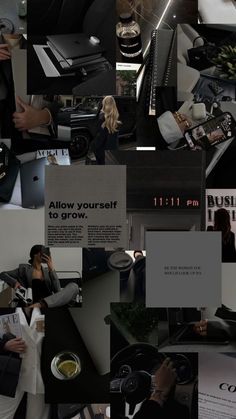 a collage of photos showing people working at their desks and on the phone