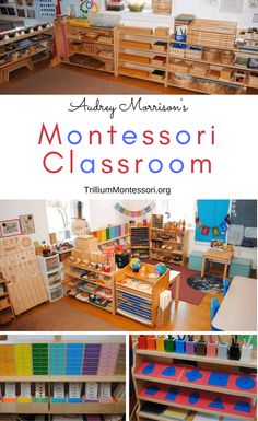 the montessoi classroom is full of wooden shelves and bins with colorful drawers