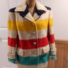 Just Reduced! This Classic, Vintage Women's Wool Hudson Bay Wool Jacket Was Purchased From The Original Spot Where These Coats Are Made. It's In Excellent Condition. There Is No Tag With A Size However It Fits Like A Size 2 Or 4 Women's. Inside And Out, It's So Well Made. A Little More Insight About This Jacket. My Parents Bought Matching Jackets While On Their Honeymoon In Canada In 1957. Dad Wore His Jacket Regularly But Mom Had 7 Children And The Jacket Didn't Fit Through Pregnancies And Stayed In Mint Condition. My Mom Just Turned 92 And While She Has An Emotional Attachment To This Jacket, She Agreed To Let Someone Else Wear It To Create Happy Memories. Please Contact Me With Any Ques Vintage White Winter Blazer, Vintage White Blazer For Winter, Fitted Multicolor Wool Outerwear, Retro Multicolor Wool Outerwear, Vintage Multicolor Wool Outerwear, Multicolor Vintage Wool Outerwear, Vintage Multicolor Winter Outerwear, Honeymoon In Canada, Matching Jackets