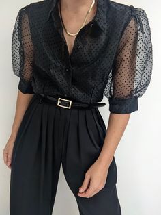 Beautiful onyx blouse in a sheer, polka dot organza fabric. Blouse has puffed sleeves, button closures up the front and a collared neckline. *this is a secondhand, contemporary piece Organza Blouse, Knit Outerwear, Organza Fabric, Line Shopping, Puffed Sleeves, Dress Suits, Vintage Cotton, Raw Silk, Toddler Dress