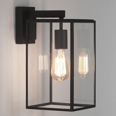 two light bulbs are attached to the side of a wall mounted fixture with glass panels