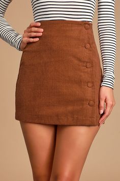 Lulus Exclusive! Keep it classic in the Lulus Katherina Rust Brown Button Front Corduroy Skirt! Soft and trendy corduroy shapes this high-waisted skirt with a flattering A-line silhouette and a row of functioning covered buttons along the side. Pair this skirt with a long sleeve top for a fall-approved look! Fit: This garment fits true to size. Length: Mid-thigh. Size small measures 16.25" from waist to hem. Waist: Fitted - very fitted at natural waist. Hip: Loosely Fitted. Fabric: Fabric has no Skirt Lulus, Lace Summer Dresses, Brown Skirt, Casual Wedding Dress, Brown Corduroy, Corduroy Skirt, Lace Midi Dress, Cute Skirts, Front Design