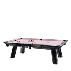 a pink pool table with black legs and two balls on the top, in front of a white background