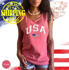 USA Flag Tank Top, Comfort Colors Tank Tops, America Tank Top, 4th of July Tank Top, American Flag Tank Top, July 4th Tank Top, Veterans day ' Shirt Materials & Features: *Comfort Colors - Garment-Dyed Heavyweight Tank Top - 9360 *6.1 oz./yd², 100% ringspun cotton, garment-dyed, 20 singles *Relaxed fit *Bound self-fabric neck and armholes *Double-needle neck, armhole and bottom hems *Signature twill label *Our garments are pre-shrunk during the garment dye and wash processes for almost no shrink 4th Of July Cotton Tank Top With Letter Print, Crew Neck Cotton Tank Top For 4th Of July, American Flag Print Cotton Tank Top For Independence Day, Sleeveless Tops For Independence Day, Casual Sleeveless Tops For Independence Day, Patriotic Cotton Tank Top, Patriotic Cotton Tank Top For Memorial Day, Patriotic Crew Neck Tank Top For 4th Of July, American Flag Print Cotton Tank Top