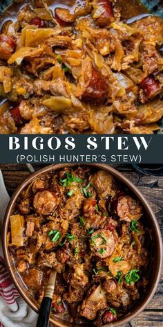 two pictures with different types of food in them and the words, bigos stew polish hunter's stew