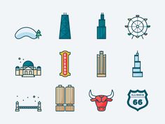 different types of buildings and signs on a white background with text that reads, the most famous cities in the united states