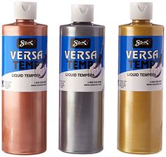 three different colors of paint are shown in this image, one is silver, the other is gold