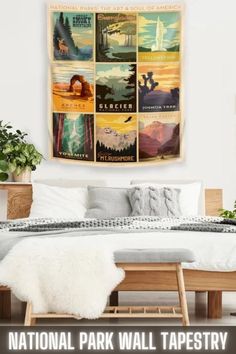 the national park wall tapestry is hanging above a bed