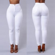 Material: Polyester/CottonType: High WaistThickness: thin Celana Fashion, Elastic Leggings, Womens Fashion Jeans, Casual Denim Pants, Oversized Jeans, Oversize Casual, White Pencil, Solid Leggings, Boyfriend Jean