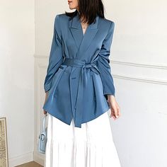 Women's Satin Blazer Coat,Blue Satin Blazer Suit,Oversize Blazer Suit, – Vivian Seven Spring Wedding Suits With Long Sleeves, Spring Wedding Long Sleeve Suits, Elegant Solid Color Blazer For Wedding, Elegant Blazer For Wedding, Elegant Solid Color Wedding Blazer, Solid Color Sets For Spring Wedding, Solid Color Long Sleeve Wedding Set, Solid Long Sleeve Wedding Set, Wedding Guest Suit Women