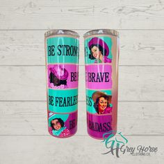 two personalized tumbles with the names of different women on them, one is pink and blue