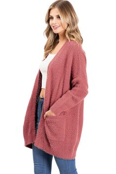 Cozy knit cardigan with a fuzzy eyelash texture and classic open front. Pockets on the sides. Easy slip on cardigan that pairs well with any casual outfit. CARE | Hand Wash Cold CONTENTS | 100% AcrylicMEASUREMENTS | 31"/79 cm Top to Bottom (Size S/M) MODEL | 5'8 - wearing a size S/MIMPORTED Cozy V-neck Cardigan With Soft Texture, Solid Soft Knit Cardigan For Loungewear, Cozy V-neck Outerwear With Soft Texture, Knit V-neck Outerwear With Soft Texture, Trendy Cardigan For Layering With Soft Texture, Trendy Soft Texture Cardigan For Layering, Solid Soft Knit Sweater Coat With Open Front, Soft Knit Open Front Sweater Coat, Solid Open Front Soft Knit Sweater Coat