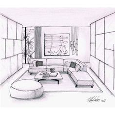 a drawing of a living room with couches, tables and coffee table in it