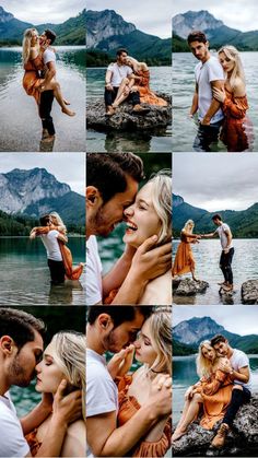 a man and woman are kissing in front of the water with mountains in the background