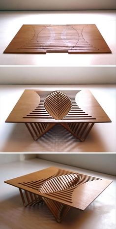 three different views of a coffee table made out of wood