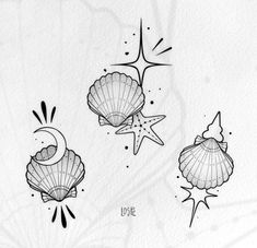 three seashells with starfish and moon tattoo designs on them, one in the middle