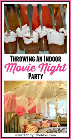 an indoor movie night party with pink and white decorations