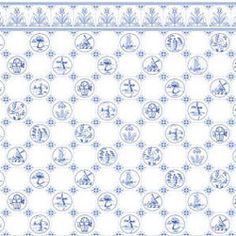 a blue and white table cloth with an ornate design