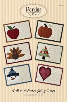 four quilts with different designs on them and the words, fall and winter mug rugs